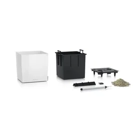 Lechuza Pot de fleurs Cube Premium 40 - Kit complet, 39 x 39 x 40 cm, 31 L, blanc brillant - Bac d'arrosage et support à roulettes inclus