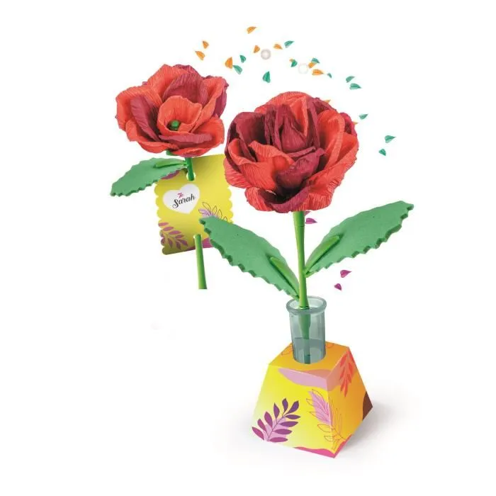 Clementoni - Crée tes fleurs - Rose - Kit créatif pour assembler et personnaliser 2 fleurs avec tiges, pétales à colorer, corolles et porte-fleur