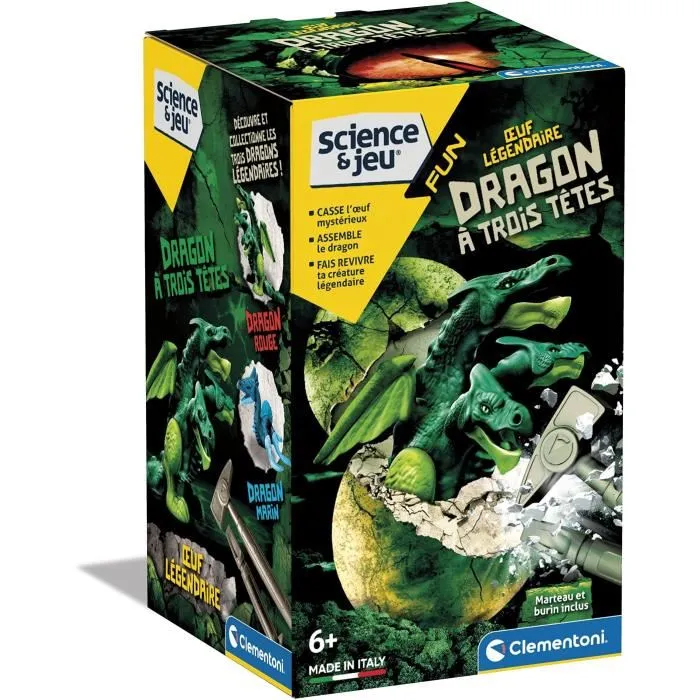 Clementoni Sciences et Jeu - Œuf légendaire - Dragon à Trois Têtes - Kit de fouilles archéologiques pour enfant avec outils - Fabriqué en Italie