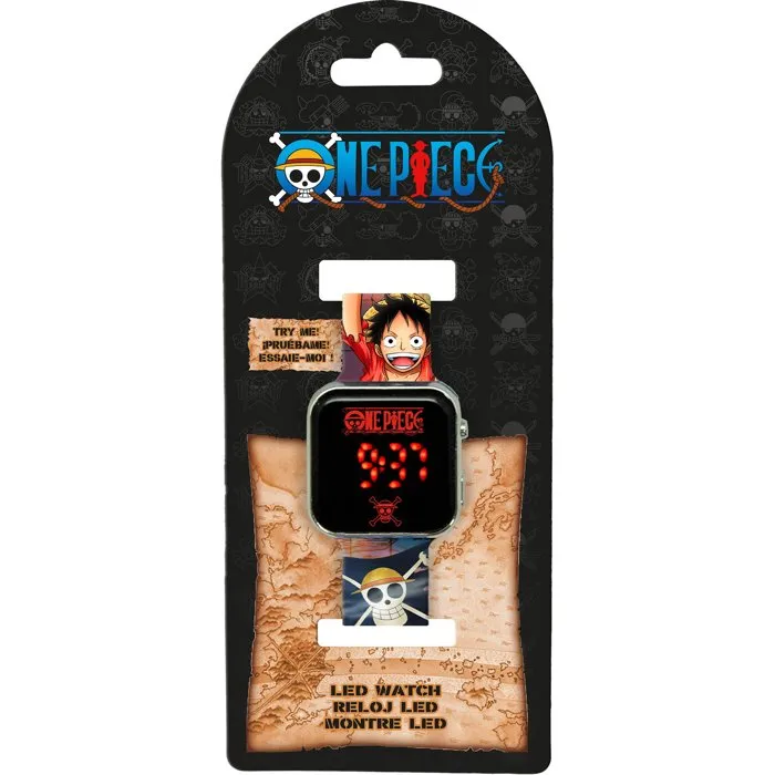 Kids Licensing Montre LED One Piece Luffy, Affichage Heure/Date, Changement de Fond d'écran, Pile CR2032 Incluse, Enfant Dès 4 Ans