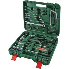 Bosch - Jeu d'outils à main 63 pièces, coffret complet avec scie, tournevis, douilles, cliquet 1/4", marteau, mètre ruban et niveau pour bricolage