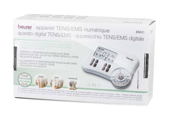 Beurer EM-80 Électrostimulateur Digital 3-en-1 TENS/EMS avec Masage, 4 Canaux, 8 Électrodes Autoadhésifs pour Soulagement de la Douleur et Renforcement Musculaire