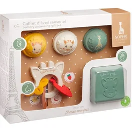 Sophie La Girafe - Coffret d'éveil sensoriel pour bébé - Cube de textures, anneau aux senteurs fruitées et 3 balles musicales