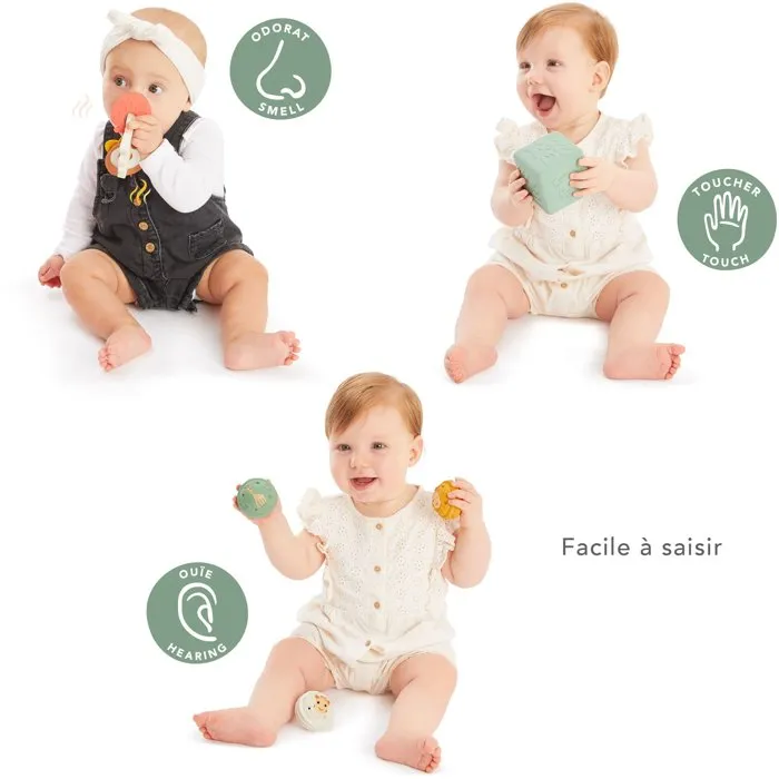 Sophie La Girafe - Coffret d'éveil sensoriel pour bébé - Cube de textures, anneau aux senteurs fruitées et 3 balles musicales