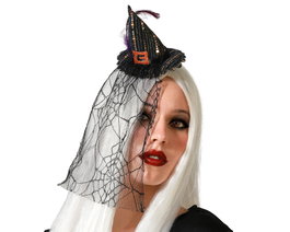 Atosa Diadema Sombrero de Bruja Negro con Velo para Mujer Adulto