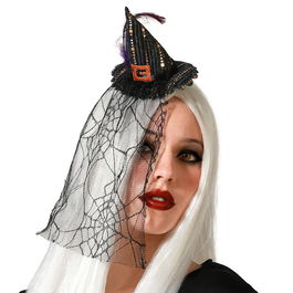 Déguisement Diadème de Sorcière Noir avec Velo et Chapeau pour Femme Adulte - Pour Halloween, Carnaval et Fêtes