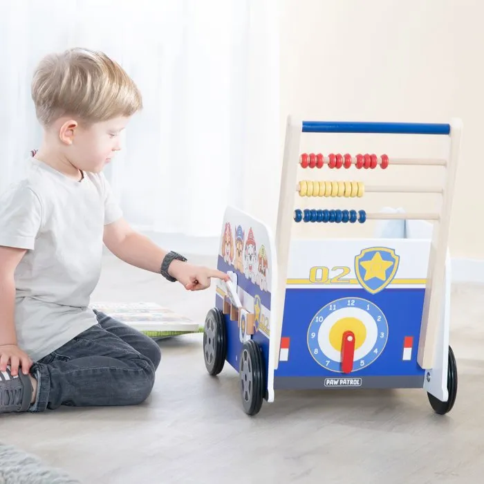 Roba Chariot de marche éducatif et pousseur Pat'Patrouille - Centre d'activités multifonction avec abaque, horloge et rangement - Bleu - Pour bébés à partir de 12 mois