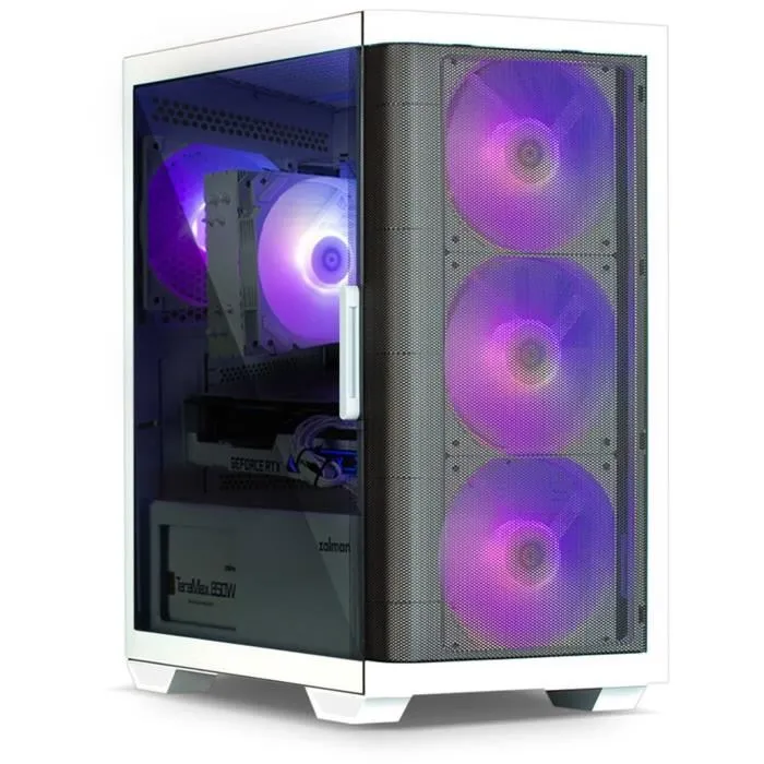 Zalman Boitier PC M4 ARGB Blanc - Format M-ATX, Moyen Tour, sans alimentation, 4 ventilateurs 120mm ARGB, panneau latéral en verre trempé, façade mesh, ports USB 3.0