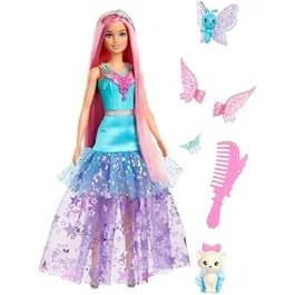 Barbie - Poupee Barbie Malibu A Touch of Magic, 18 cm avec Cheveux Longs Roses, Robe etoilee, Accessoires de Coiffure, Papillon et Chaton, Jouet pour Enfants a partir de 3 ans