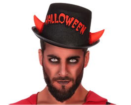 Sombrero Halloween pour démon adulte, chapeau avec cornes rouges et inscriptions, parfait pour déguisement et soirée à thème