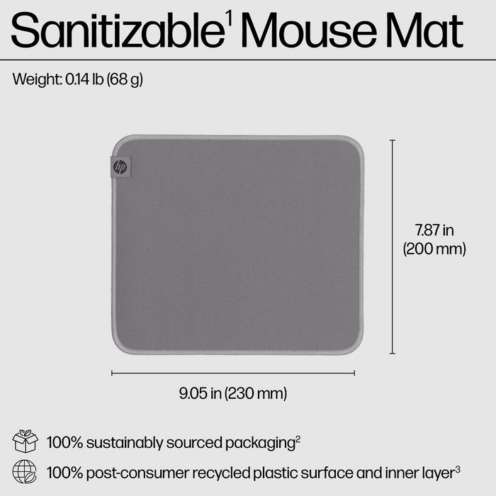 HP Tapis de souris HP 100 - Antidérapant, Durable, Lavable et Résistant aux Éclaboussures, Surface Antimicrobienne, Fabriqué à partir de Matériaux Recyclés