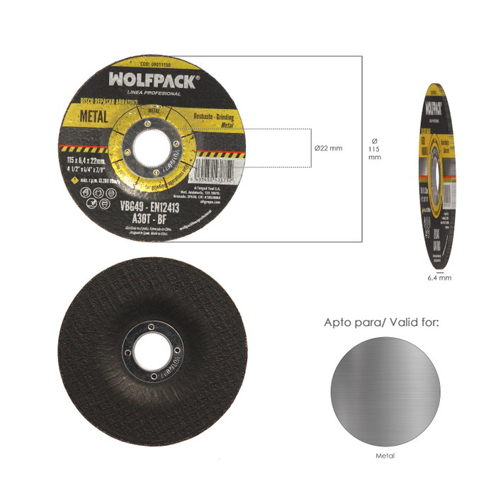 WOLFPACK LINEA PROFESIONAL Disco Repasar Abrasivo 115x6,4x22 mm