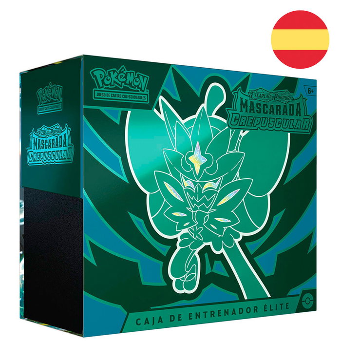 Pokémon - Coffre de l'entraîneur d'élite Mascarada Crepuscular Escarlata y Purpura - Expansion de cartes en espagnol avec carte promo, énergies, dés et accessoires