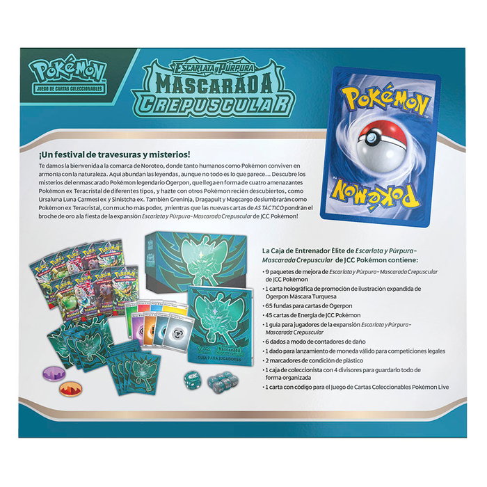 Pokémon - Coffre de l'entraîneur d'élite Mascarada Crepuscular Escarlata y Purpura - Expansion de cartes en espagnol avec carte promo, énergies, dés et accessoires