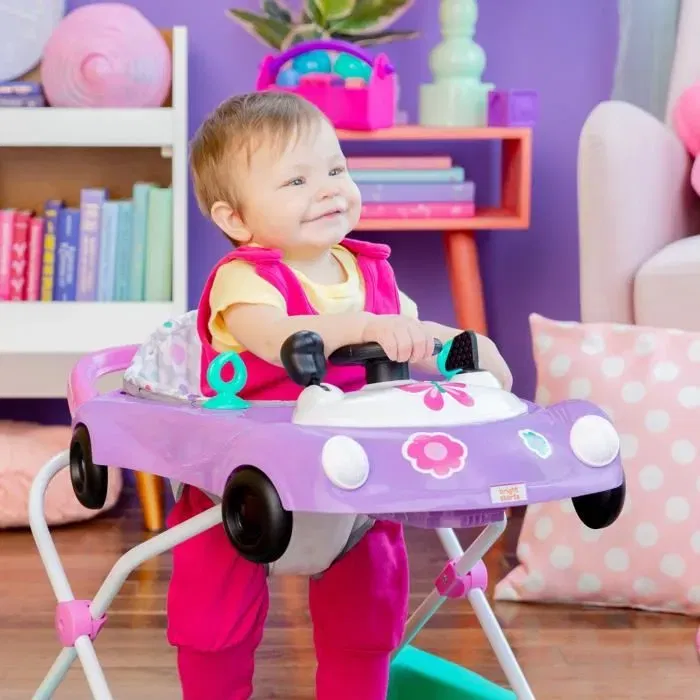 Bright Starts Trotteur bébé 3 en 1 pliable avec petite voiture, 3 modes de jeux évolutifs (station de jeux portative, pousseur, siège conducteur), violet