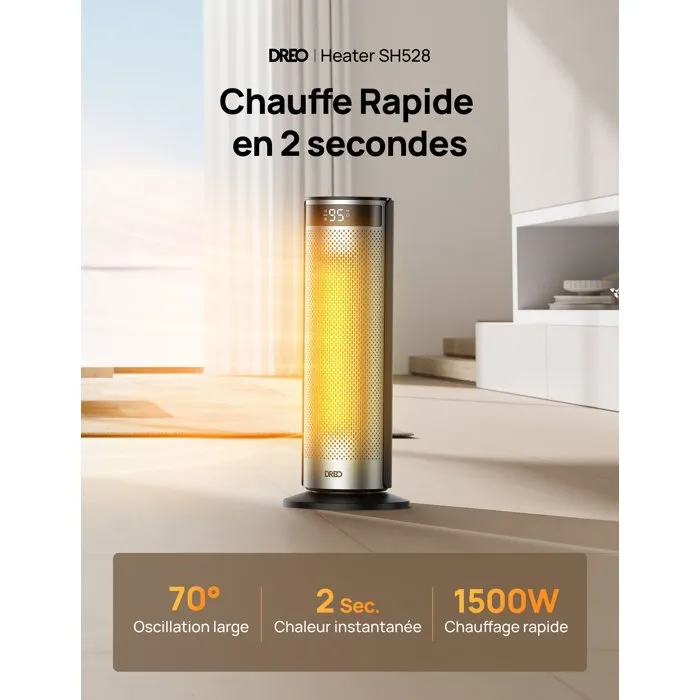 Dreo Solaris 628 - Chauffage d'appoint colonne 1500 W Hyperamic, chauffage éclair, technologie PTC, contrôle précis 5-35°C, sécurité Bouclier 360°, Noir