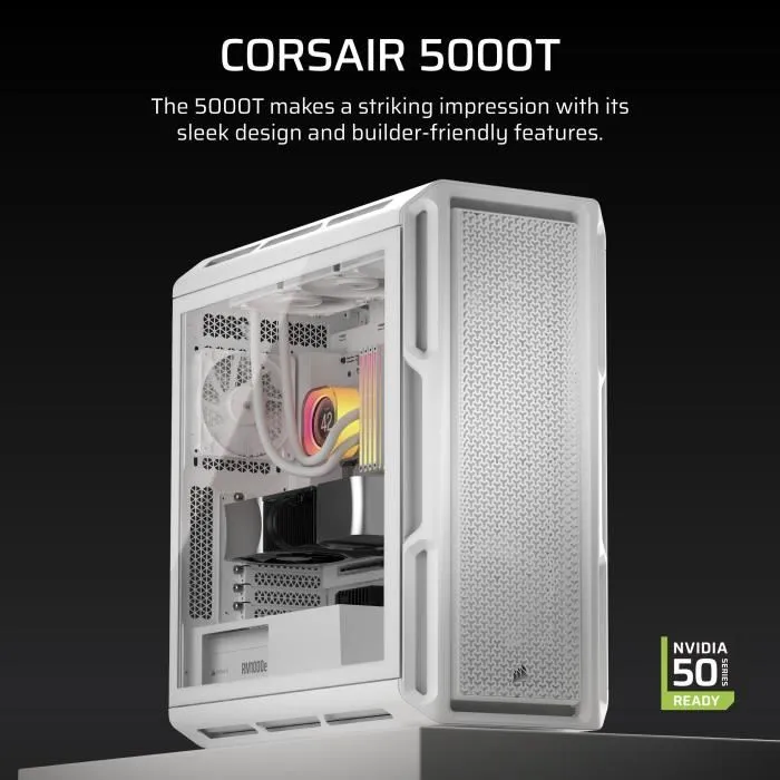 Corsair 5000T Boîtier PC ATX Mid-Tower Blanc, Compatible ASUS BTF/MSI Project Zero/Gigabyte Project Stealth, Design Audacieux et Ventilation Amovible