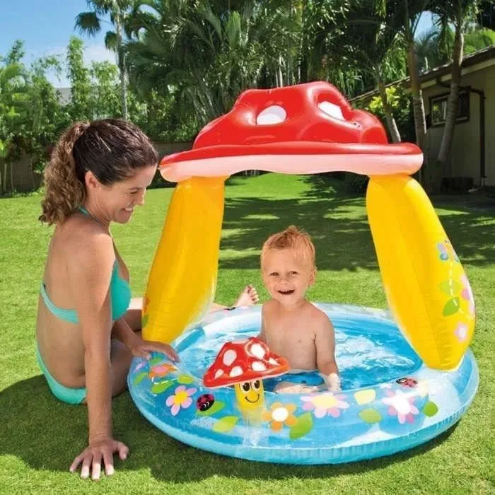 Intex Pataugeoire gonflable pour enfants modèle 57114NP en forme de champignon 102x89 cm avec parasol et jouet - 45 litres Intex Pataugeoire gonflable pour enfants modèle 57114NP en forme de champignon 102x89 cm avec parasol et jouet - 45 litres