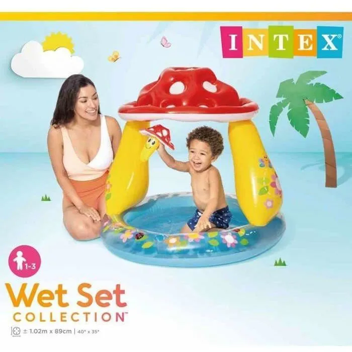 Intex Pataugeoire gonflable pour enfants modèle 57114NP en forme de champignon 102x89 cm avec parasol et jouet - 45 litres Intex Pataugeoire gonflable pour enfants modèle 57114NP en forme de champignon 102x89 cm avec parasol et jouet - 45 litres