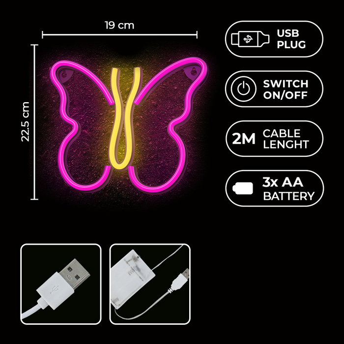 Neolia Lampe Néon LED Forever Papillon Rose avec USB, interrupteur, câble 2m, 22.5cm