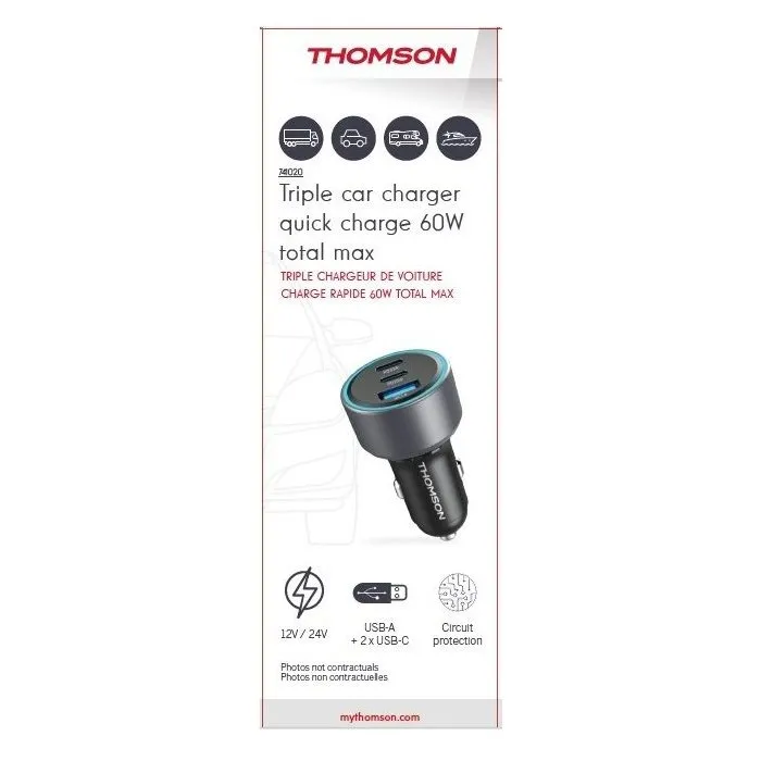 Thomson Chargeur Voiture 12V/24V 60W avec 2 Ports USB-C PD 30W et Port USB-A QC 3.0 18W, Protections Surtension et Court-Circuit