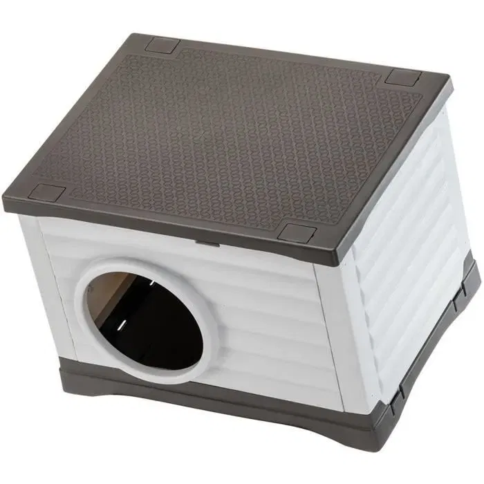 Ferplast Petvilla 60 Niche pour chiens et chats, Extérieure en résine thermoplastique recyclée, 54 x 43 x 38.5 cm, Blanc/Gris