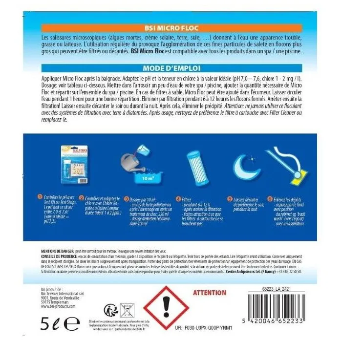 BSI Micro Floc 5 L - Floculant puissant pour piscine - Clarifiant eau - Optimise filtration - Grand format 5 litres BSI Micro Floc 5 L - Floculant puissant pour piscine - Clarifiant eau - Optimise filtration - Grand format 5 litres