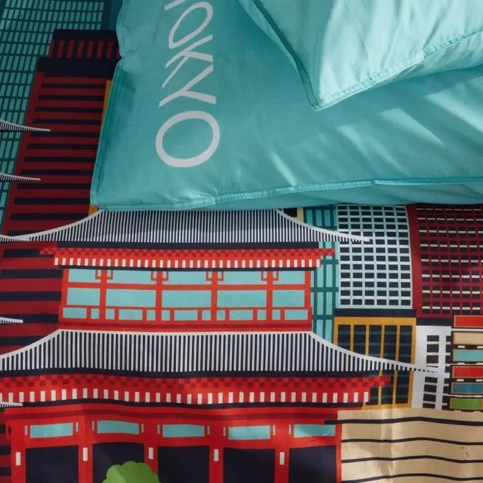 Today Parure de Lit JAVA 2 Personnes Housse de Couette 240x220 cm + 2 Taies, Coton, Imprimé Tokyo Bleu