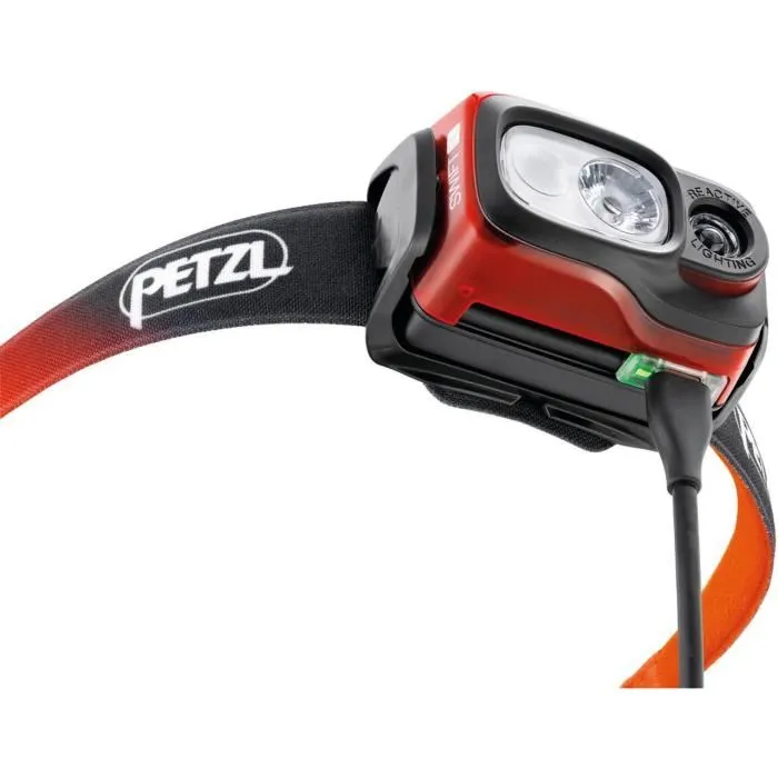 Petzl SWIFT RL Lampe frontale rechargeable 1100 lm USB IPX4 Noir/Orange (Batterie intégrée 2350 mAh, lumière rouge/blanc, sangle réglable)