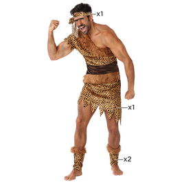Déguisement homme adulte de cavernicole néandertal taille XL - Costume d'homme préhistorique avec tunique, jambières et bandeau en polyester marron - 4 pièces