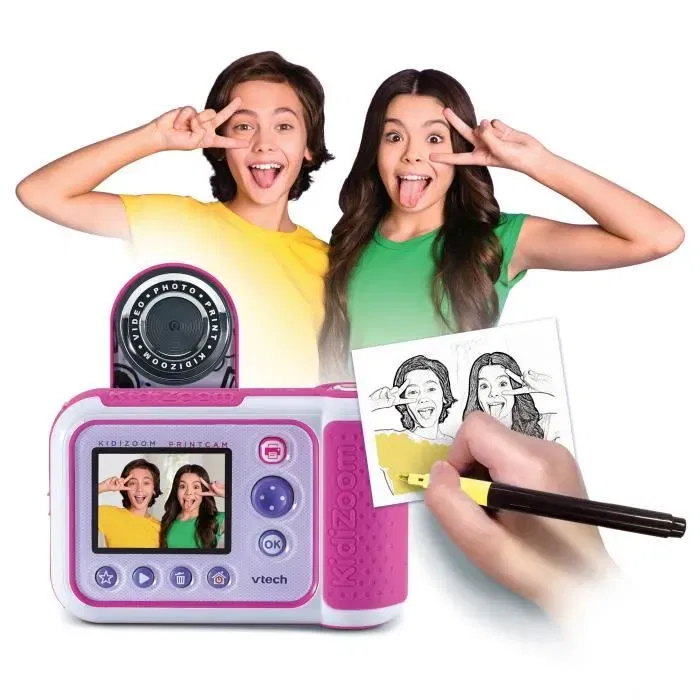 Vtech Kidizoom Print Cam - Appareil photo et vidéo HD pour enfants avec selfie, effets et cadres - Rose - Version française