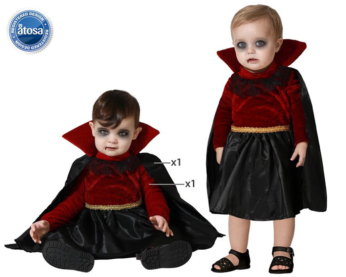 Déguisement de vampiresse pour bébé fille - Robe noire et rouge velours avec cape et détails dorés - Halloween - Taille 24 mois Déguisement de vampiresse pour bébé fille - Robe noire et rouge velours avec cape et détails dorés - Halloween - Taille 24 mois