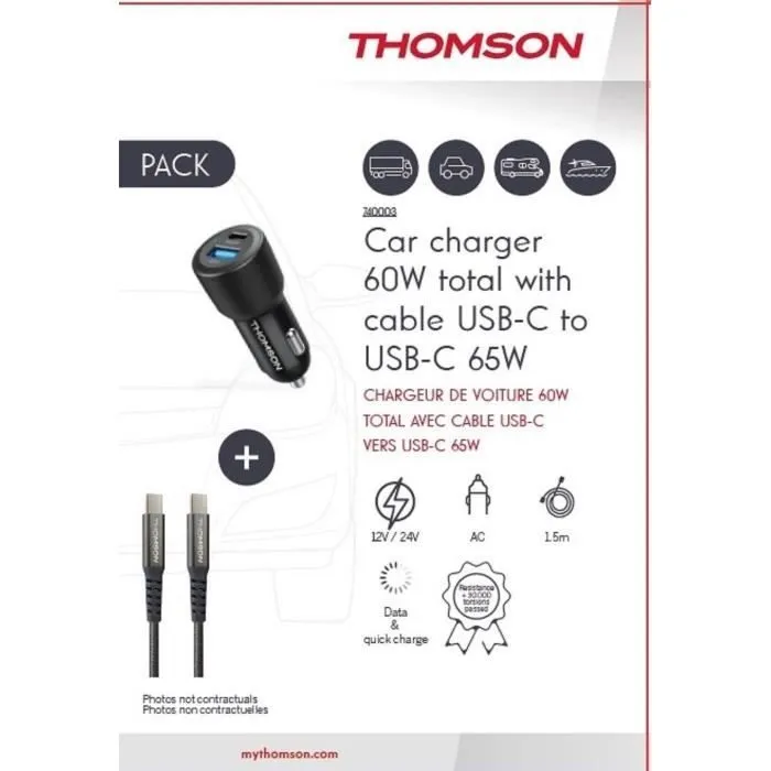 Thomson Pack Chargeur Voiture 12/24V 60W + Câble USB-C 65W Haute Performance - Charge Rapide, Durabilité Exceptionnelle, Longueur 1.50 m