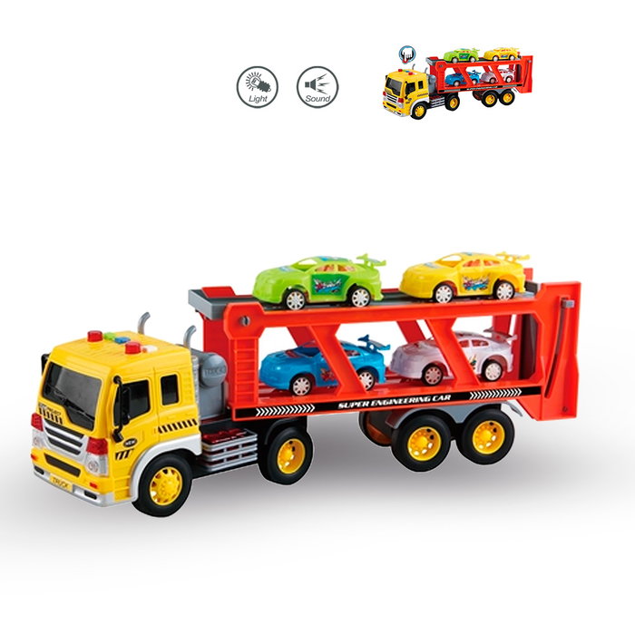 TACHAN Camion de transport de véhicules 1:16 avec lumières et sons - Fonction friction et rampe mobile - Inclut 4 voitures - Jouet éducatif pour enfants dès 3 ans TACHAN Camion de transport de véhicules 1:16 avec lumières et sons - Fonction friction et rampe mobile - Inclut 4 voitures - Jouet éducatif pour enfants dès 3 ans