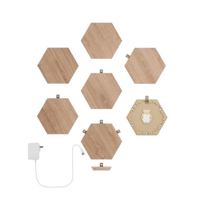 Nanoleaf Elements Starter Kit 7 Panneaux - Hexagones Luminaires Connectés Modulaires avec Design Bois et Application pour Scènes d'Ambiance