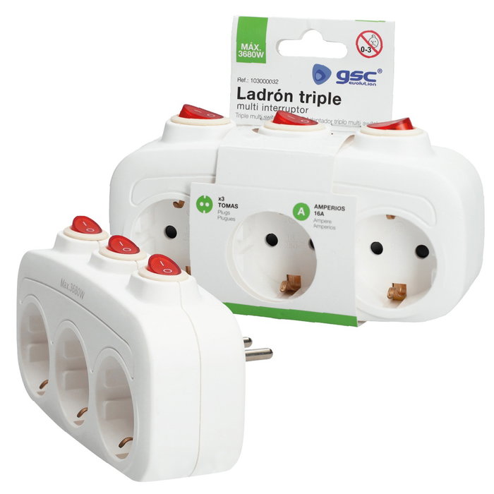 GSC Evolution Multiprise triple sortie avec interrupteur multiple - Blanc