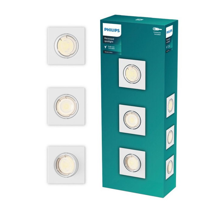 Philips Peridot Lot de 3 Spots Encastrables Carrés Blancs, Orientables, GU10 Philips Peridot Lot de 3 Spots Encastrables Carrés Blancs, Orientables, GU10