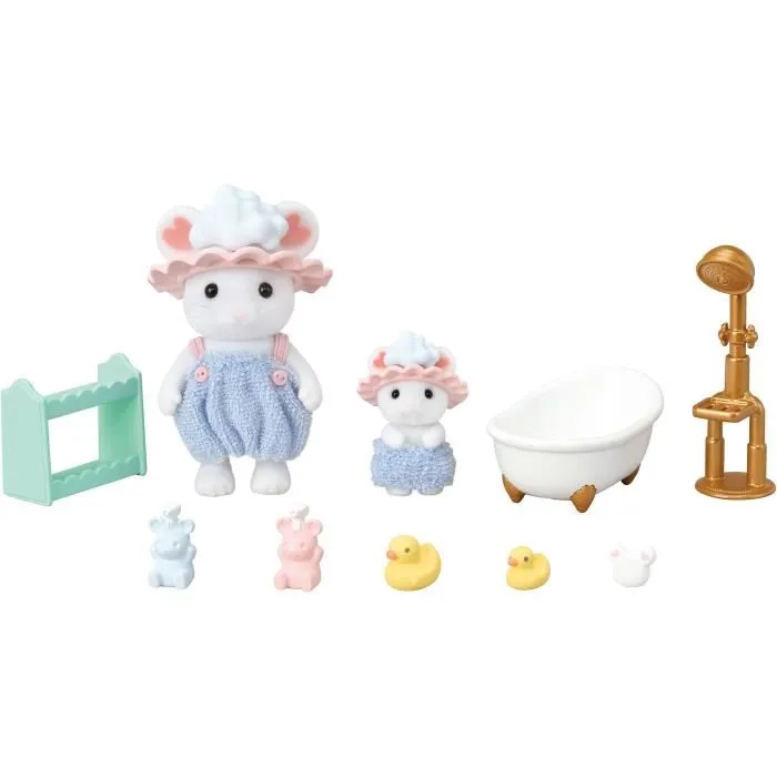 Sylvanian Families - Bébé et Frère Souris Marshmallow - Set de Bain 5805 avec Accessoires et Figurines Articulées Habillées