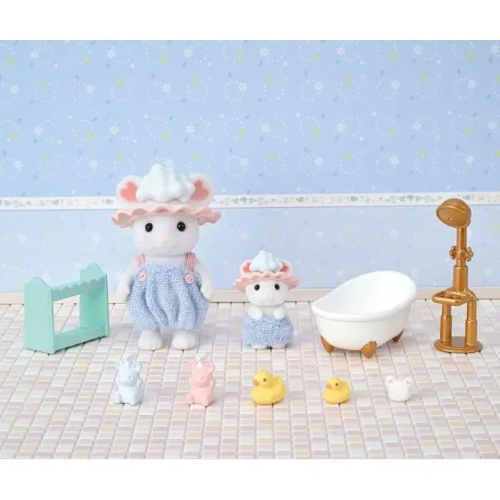 Sylvanian Families - Bébé et Frère Souris Marshmallow - Set de Bain 5805 avec Accessoires et Figurines Articulées Habillées