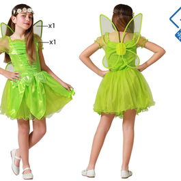Déguisement Fée Clochette Vert Brillant pour Fille, Ensemble Robe et Ailes, 3-4 Ans - Polyester