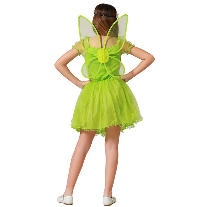 Déguisement Fée Clochette Vert Brillant pour Fille, Ensemble Robe et Ailes, 3-4 Ans - Polyester