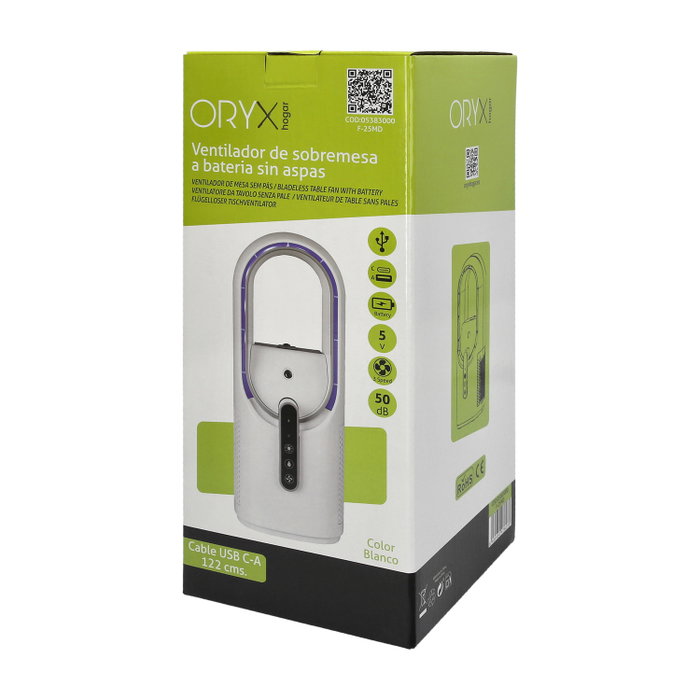 ORYX Ventilateur de table sans pales blanc avec batterie rechargeable
