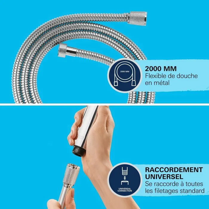 Grohe Flexible de Douche VitalioFlex Metal 2 m Chromé, Connexion G 1/2" x 1/2", Résistant aux Pliures AntiFold, Pression 5 bars