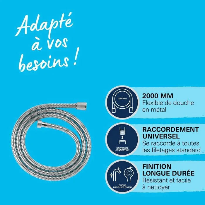 Grohe Flexible de Douche VitalioFlex Metal 2 m Chromé, Connexion G 1/2" x 1/2", Résistant aux Pliures AntiFold, Pression 5 bars