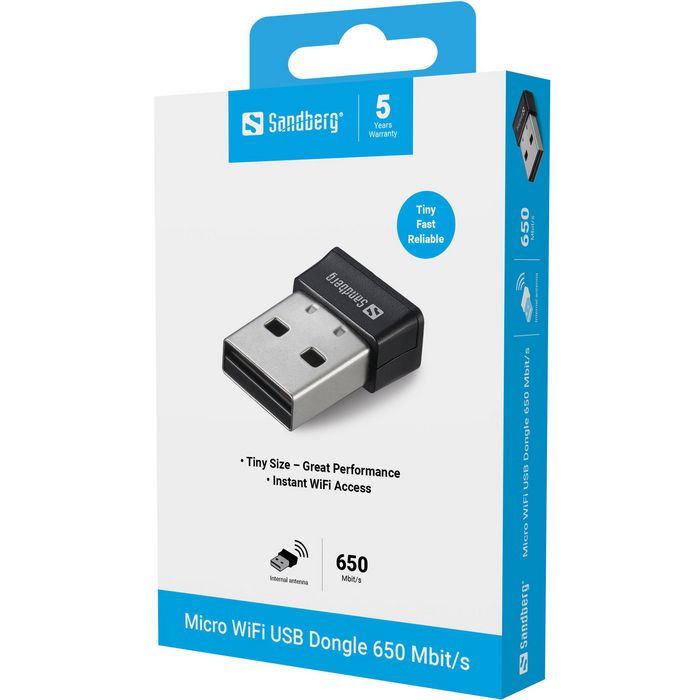 Sandberg Adaptateur WiFi USB Micro 650 Mbit/s - Dongle réseau sans fil compact pour connexion instantanée