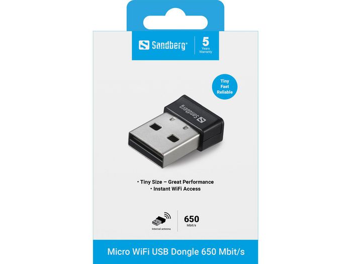Sandberg Adaptateur WiFi USB Micro 650 Mbit/s - Dongle réseau sans fil compact pour connexion instantanée