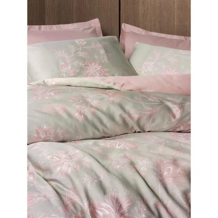 Parure de lit satin 100% coton, housse de couette 220x240 cm + 2 taies 60x60 cm, couleur poudre, 210 fils, lavable machine, fermeture boutons