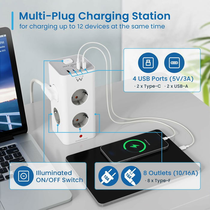 Rallonge 8 Tomas Schuko Ewent EW3864 Blanc 3680 W (2 m)