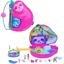 Polly Pocket - Coffret 2 en 1 La Famille des Paresseux, sac surprise de voyage avec bandoulière, 2 figurines et 12 accessoires, jouet pour enfant dès 4 ans, HRD40