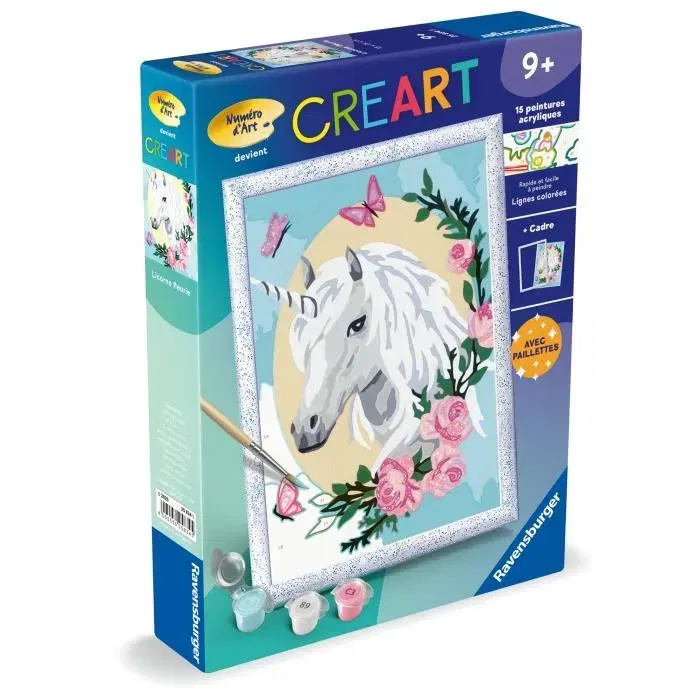 Ravensburger 25834 CreArt Kids - Kit de peinture par numéros Licorne fleurie, 18x24cm, pour enfant dès 9 ans, avec cadre